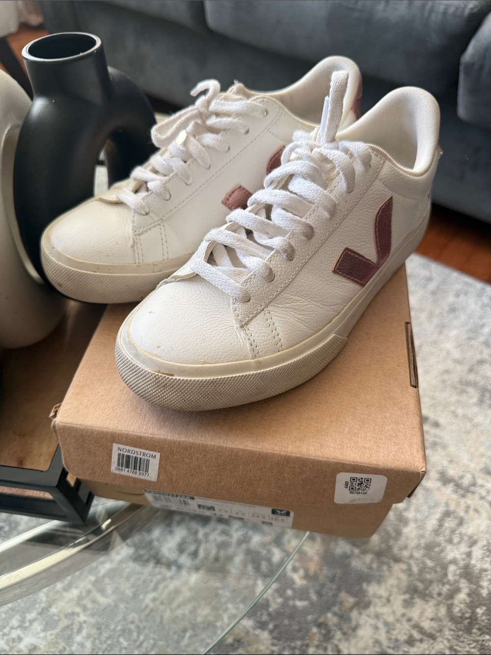 Veja White Leather Sneakers with Dusty Rose V Accent